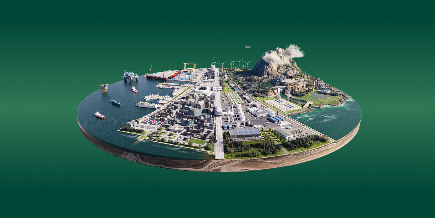 Isolate render of a circular island with a town and volcano