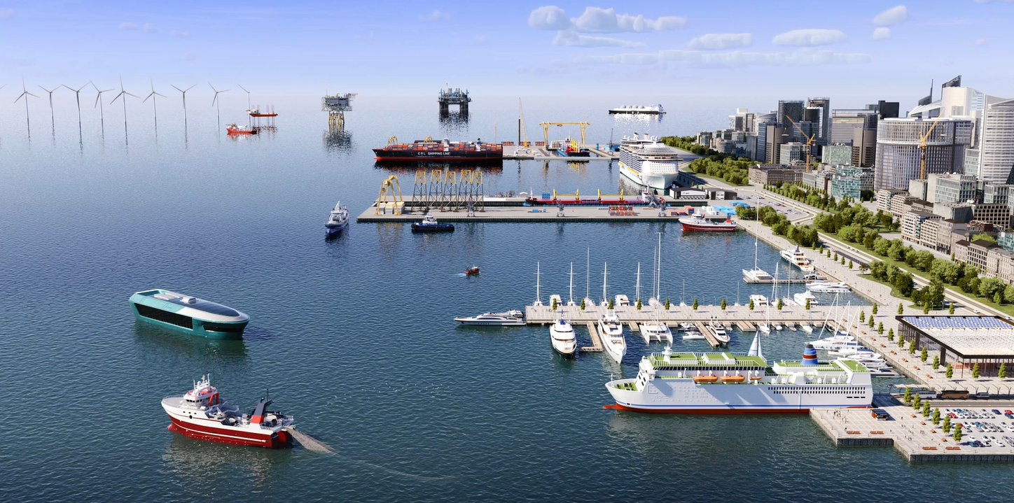Render of a large modern harbor with ships, oil rigs, and a city skyline